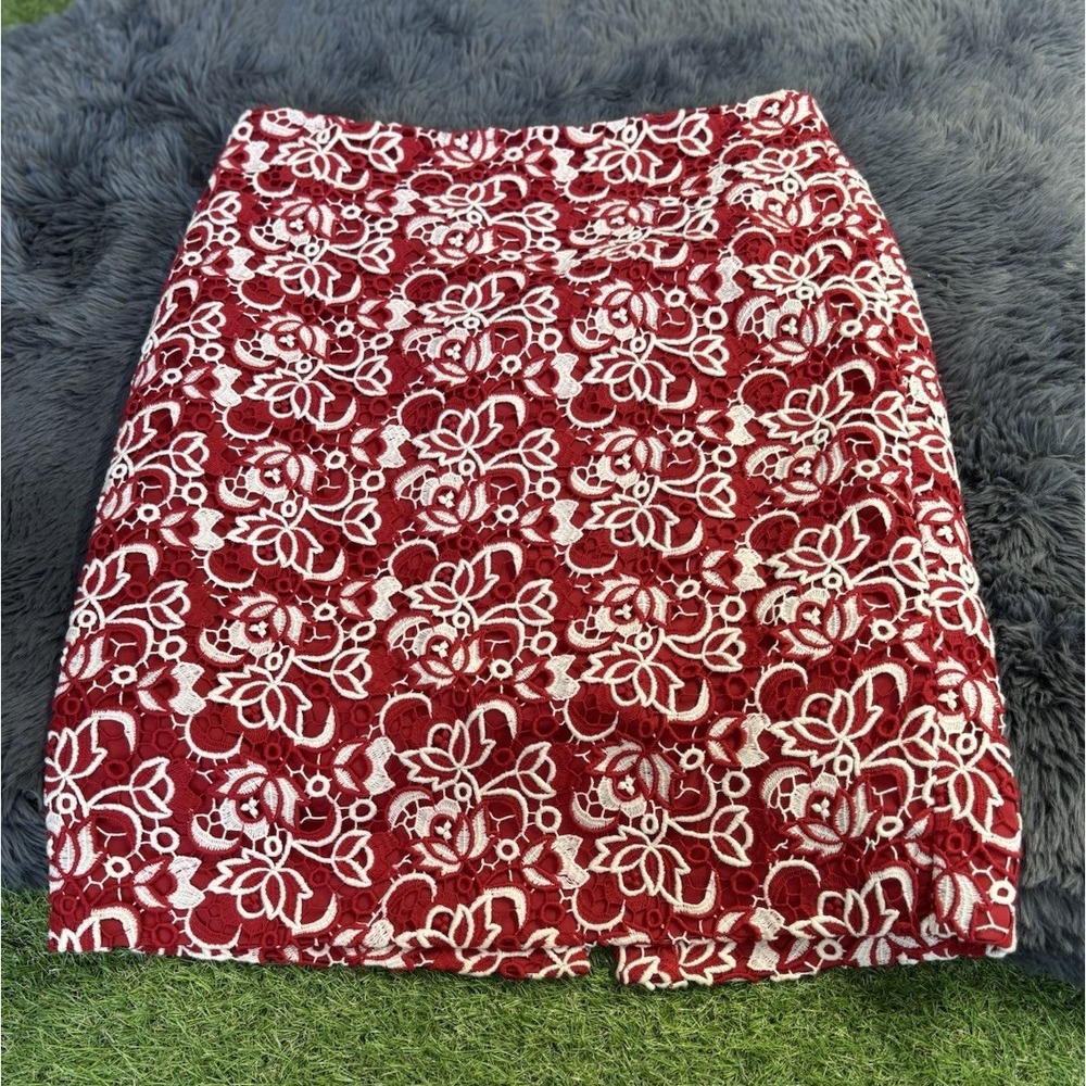 Talbots Skirt Size 12‎ Red Lace Short Pencil Crocheted